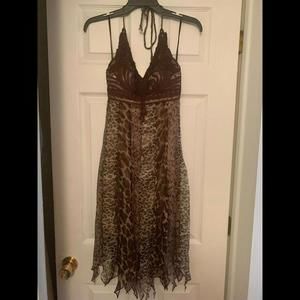 Sue Wong Silk/Crochet Brown/Animal Print Halter Dress/ Size 2